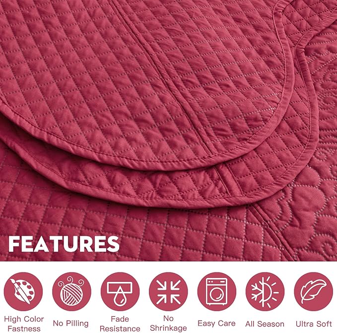 HZ & HY Oversized King Bedspread, Ultrasonic Coverlet Bedding Set, Lightweight Thin Comforter, Reversible, 5 Piece, 100% Microfiber, Wine Red