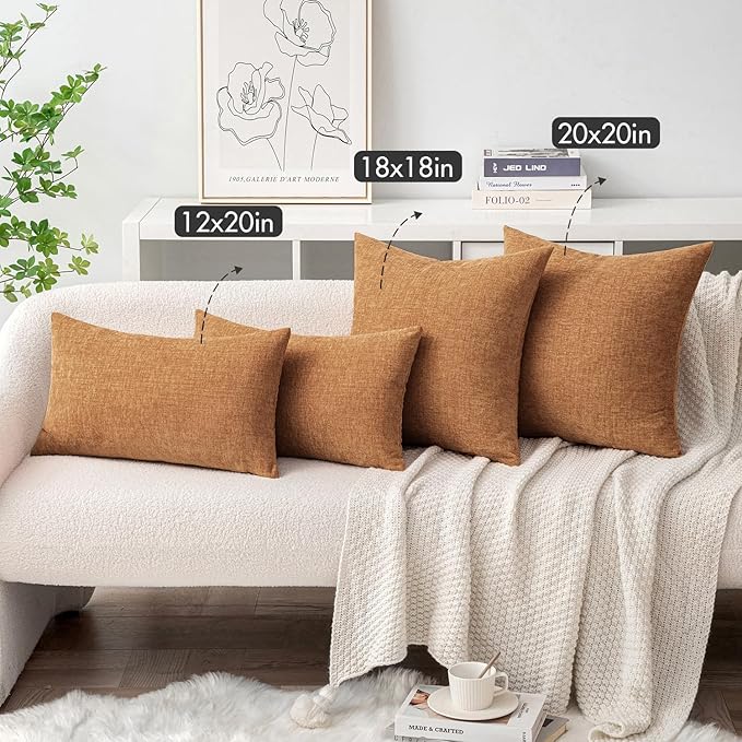 MIULEE Pack of 2 Brown Throw Pillow Covers 12x20 Inch Soft Chenille Lumbar Pillow Covers for Sofa Living Room Couch Solid Dyed Cases