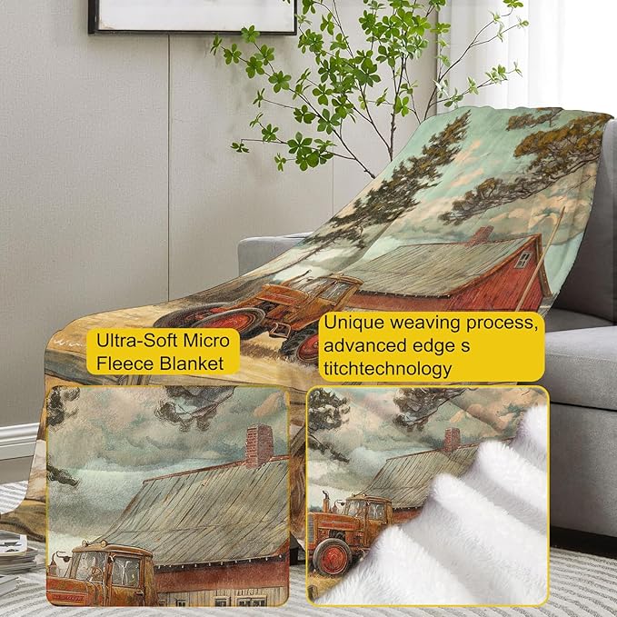 Vintage Farmhouse Flannel Blanket, Rustic Country Scenery with Tractor and Barn Soft Lightweight Throw Blankets Gifts for Adults,50" x 60" Perfect for Couch Bed Home Travel Decor