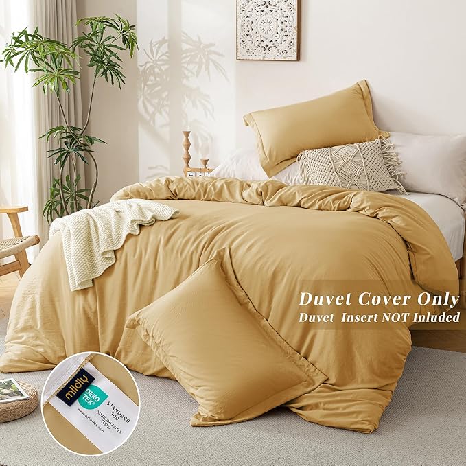 MILDLY Super Soft Duvet Cover 2pcs - 100% Washed Microfiber Yellow Comforter Cover Set with Zipper Closure & Corner Ties (No Comforter)