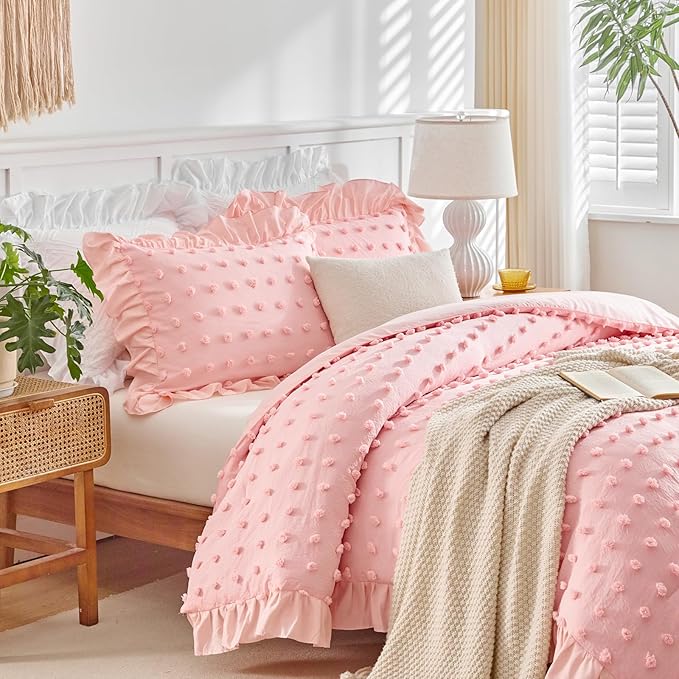 Flysheep Tufted Dots Ruffle Comforter Set Twin Size, 3 Pieces Pink Vintage Farmhouse Shabby Chic Comforters, Jacquard Boho Bohemian Bedding Set for Girls (1 Ruffled Comforter+ 2 Pillow Shams)