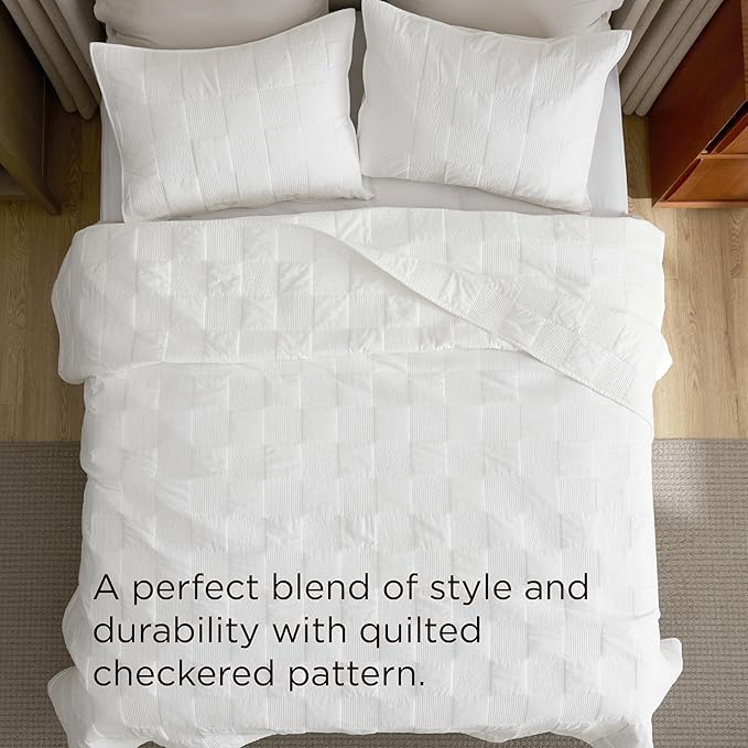 Bedsure 100% Cotton Quilt Set - Lightweight Queen Bedspread, Cozy White Bedding Coverlet 3-Piece with Pillow Shams in Checker Pattern for All Season, 90x96 inches, 100% Cotton Voile