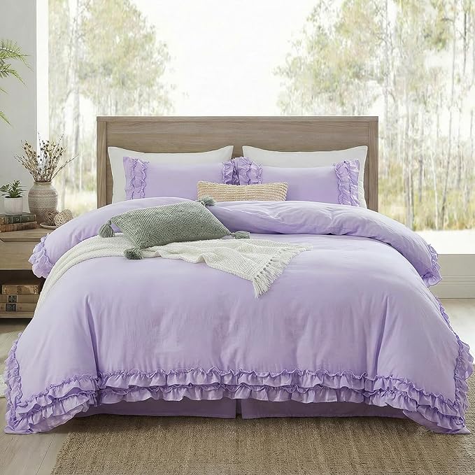 Bedrom Ruffled Duvet Cover King Light Purple Bedding Set Shabby Chic Lace Ruffle Bedroom Set Lilac Purple Aesthetic Boho Duvet Cover Set for Girls Women