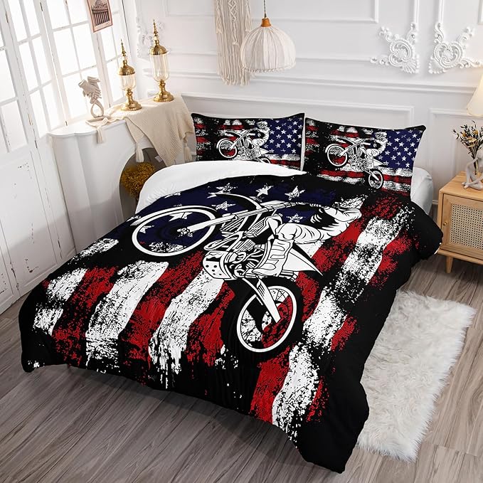 Axolotl Dirt Bike Comforter Set King,American Flag Bedding Set,Motocross Comforter for Boys,White Red Stripes Stars Comforter,Motorcycle Racer Bedding for Kids Teens Men,1 Quilt 2 Pillowcases