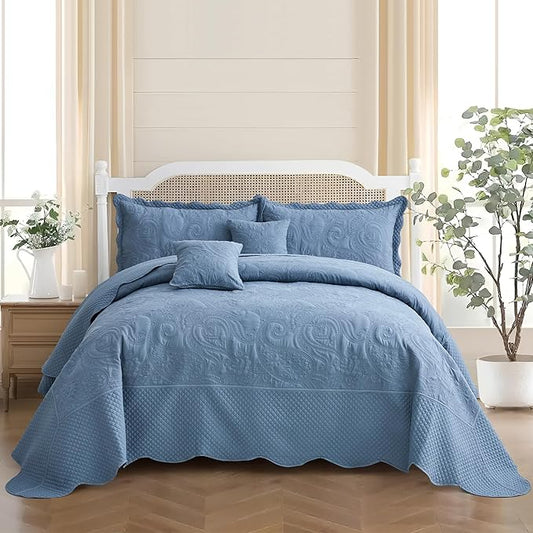 Oversized King Bedspread, Paisley Pattern Design, Lightweight Bedding Cover, Reversible, 5 Piece, 100% Microfiber, Smokey Blue