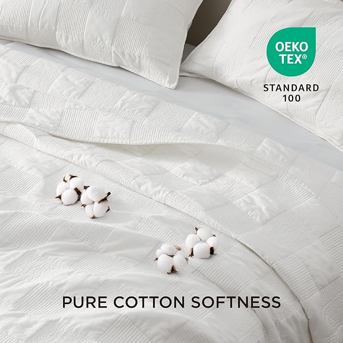 Bedsure 100% Cotton Quilt Set - Lightweight King Bedspread, Cozy White Bedding Coverlet 3-Piece with Pillow Shams in Checker Pattern for All Season, 106x96 inches, 100% Cotton Voile