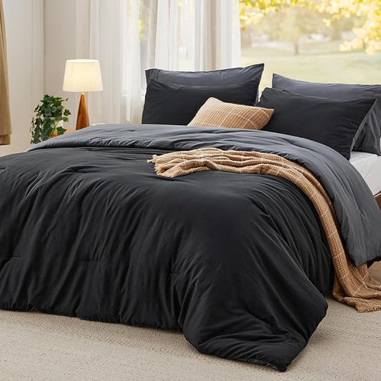 Bedsure Queen Comforter Set, Black Grey Soft Prewashed Bedding for All Seasons, 3 Pieces GentleSoft™ Bed Set, 1 Lightweight Comforter (90"x90") and 2 Pillowcases (20"x26")