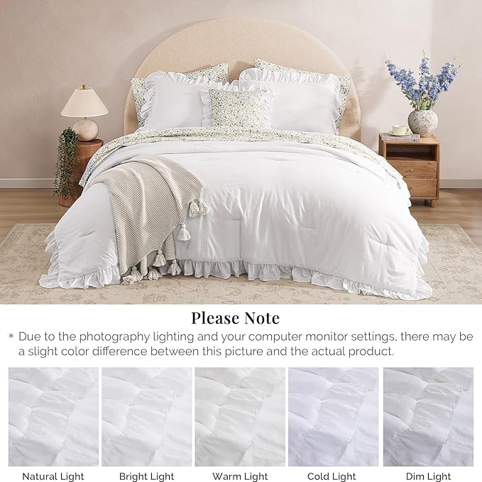 King Comforter Set - 7 Pieces Ruffle White Bedding Sets, Shabby Chic Farmhouse Bed in a Bag King with Ruffle Comforter, Floral Sheets, Pillowcases & Shams