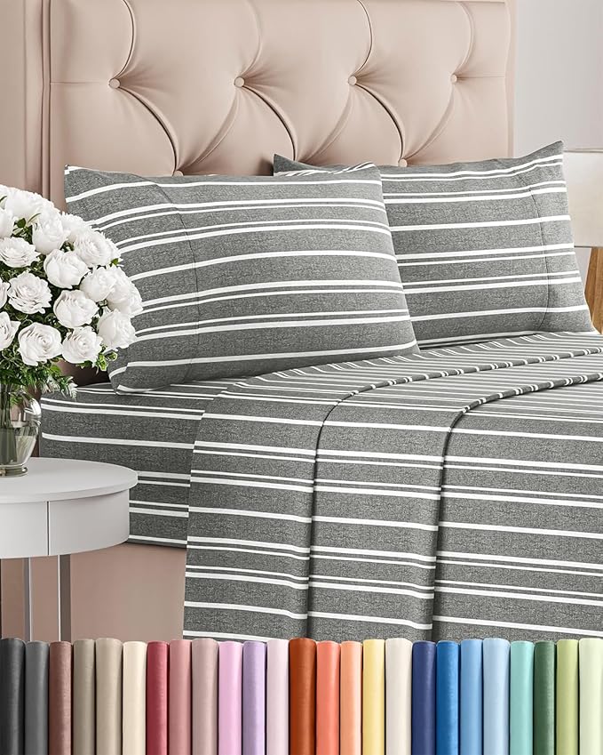 Twin 4 Piece Sheet Set - Comfy Breathable & Cooling - Soft Hotel Luxury Bedding Set with 8-16 Inch Deep Pockets - 1 Flat & 1 Fitted Sheet & 2 Pillowcases - Wrinkle Free & Easy Care - Grey Stripes 3