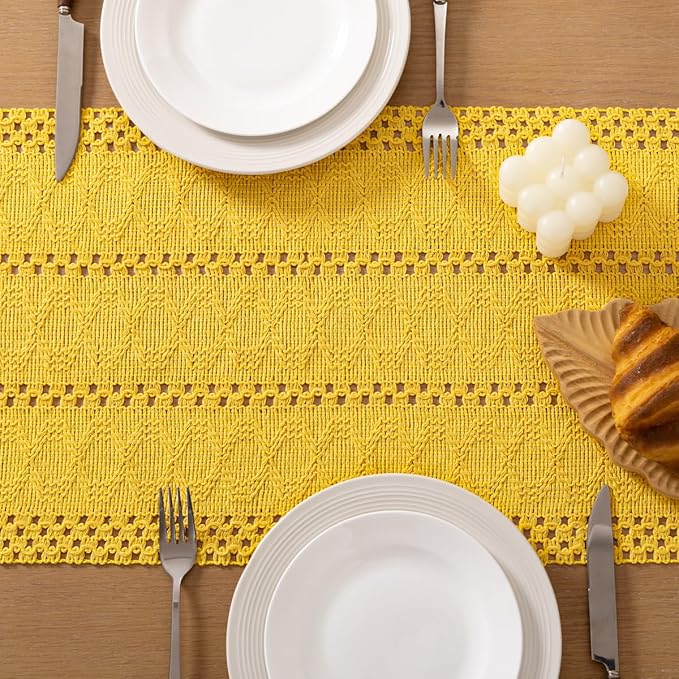 Socomi Boho Table Runner Macrame Easter Spring Farmhouse Woven Cotton Linen Rustic Coffee Table Runner with Tassels for Dresser Scarf Home Decor Dining Room 12x90 in Yellow Gold