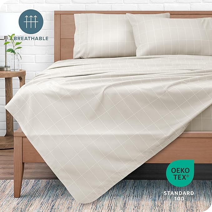 Bare Home California King Sheet Set - 1800 Ultra-Soft Microfiber Cal King Bed Sheets - Double Brushed - Deep Pocket - Easy Fit - 4 Piece Set (California King, Grid - Stone/White)