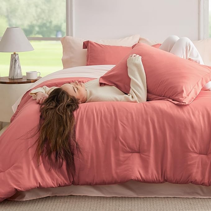 Bedsure Queen Comforter Set - 7 Pieces Coral Queen Bedding Set for All Seasons, Boho Contrasting Design Bed in a Bag with Comforter, Sheets, Pillowcases & Shams