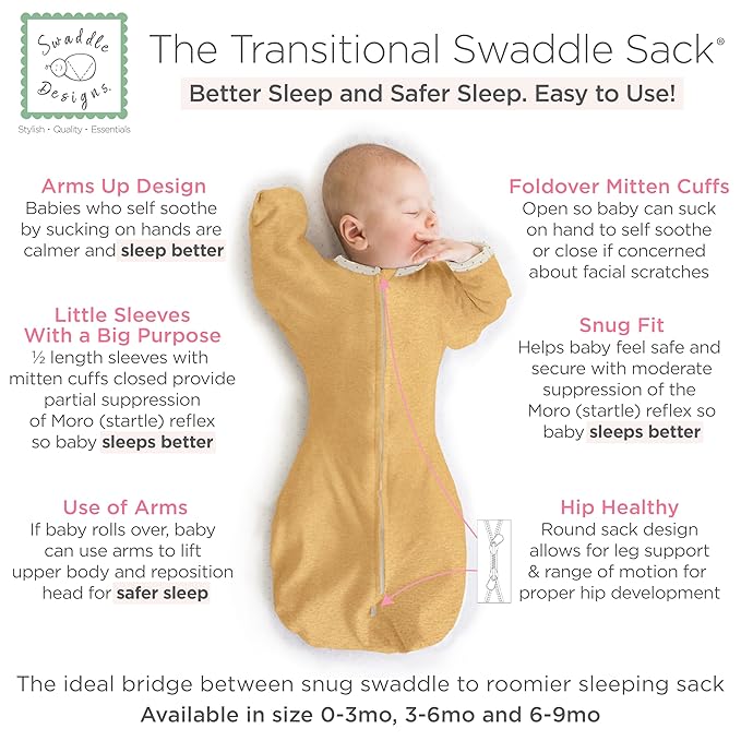 SwaddleDesigns Transitional Swaddle Sack, Arms Up Half-Length Sleeves & Mitten Cuffs, Swaddle for Newborn Transition to Baby Sleep Sack Wearable Blanket, Large, 6-9 Month, 21-24 lb, Heathered Gold