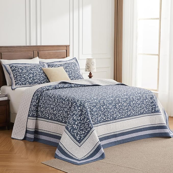 Oversized California King Bedspread - 100% Cotton Lightweight Quilted Coverlet - Soft Reversible Bedding, Botanical Floral Design - Includes 1 Bedspread (128x120)+2 Pillowshams Grayish-blue