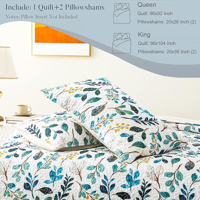 Whale Flotilla Reversible Printed Quilts Queen Size, Extra Soft Boho Floral Leaf Bedspreads for Bed Lightweight Full Queen Quilt Bedding Set Coverlets with 2 Pillow Shams for All Seasons, White Green