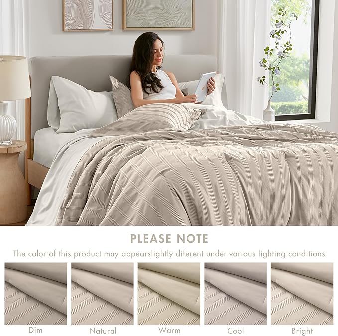 Madison Park Essentials Striped Comforter Set Full, 7 Pieces Modern Minimalist Jacquard Bedding Set for All Season, Bed in A Bag with Sheet Set and Soft Brushed Reverse, Lightweight Neutral
