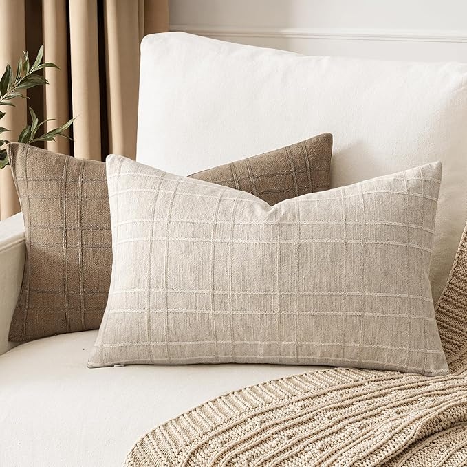 MIULEE Decorative Linen Check Lumar Throw Pillow Covers Neutral Farmhouse Vintage Pillow Covers 12x20 Set of 2 Boho Modern Home Decor for Sofa Couch Bedroom Cushion Natural Beige