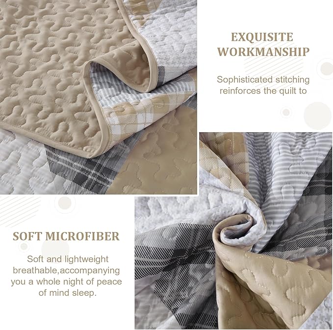 Annibedding Brown Quilt Set Queen Size, 3 Pieces Patchwork Geometric Bedspread Coverlet Set, Soft Lightweight Plaid Patchwork Bedding Quilt Set for All Season (Queen, 96''x90'')