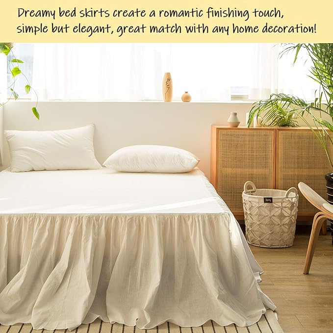 BISELINA French Linen Bed Skirt with Pleated Frills 22-Inch Tailored Drop Natural Flax Cotton Blend Dust Ruffle Soft Cozy Farmhouse Bedding (22" Full, White)