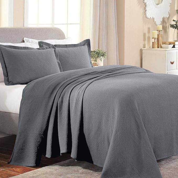 Superior Cotton Fleur De Lis Bedspread Set, Warm Blankets, All-Season Bedding, Bedroom Decor, Decorative Boho Medallion Coverlet, Includes 1 Bedspread, 2 Pillow Shams, King, Grey