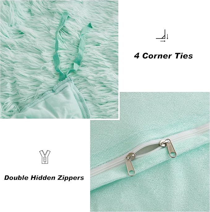 annadaif Fluffy Duvet Cover Full Size, Aqua Green Plush Shaggy Faux Fur Comforter Cover Velvet Bedding Set with Zipper Closure(1 Duvet Cover, 2 Pillowcases)