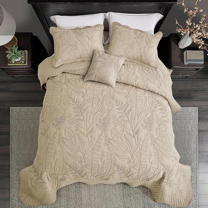 Botanical Oversized Bedspread Queen Size - Leaves Pattern Stitching Quilt Set - Elegant & Fresh Style Bedding Coverlets, Reversible, Lightweight, 5 Piece, Taupe