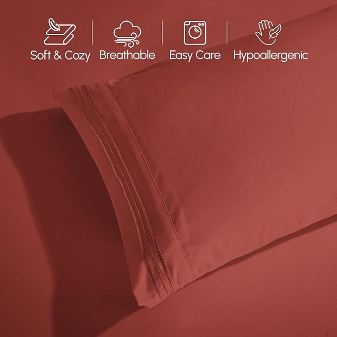 Elegant Comfort Luxurious 1500 Premium Hotel Quality Microfiber Three Line Embroidered Softest 4-Piece Bed Sheet Set, Wrinkle and Fade Resistant, Twin/Twin XL, Rust