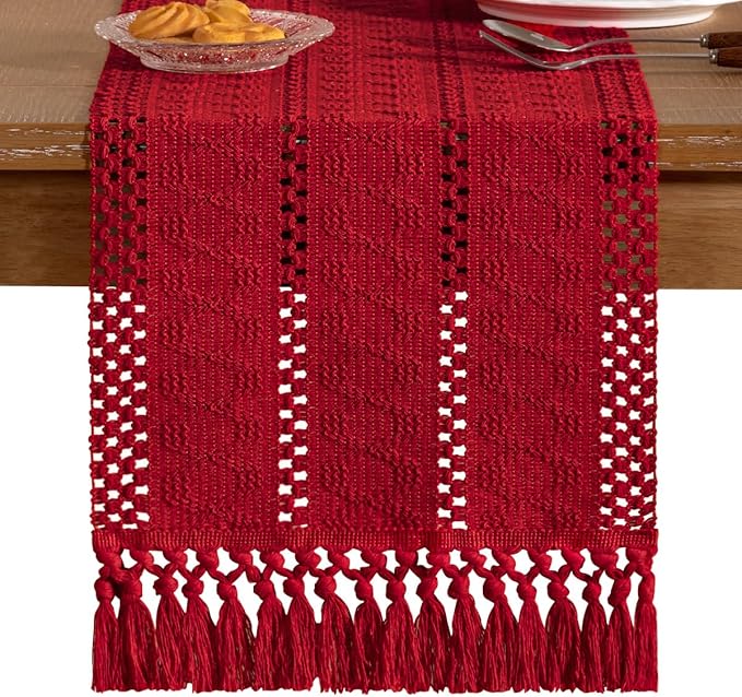 Socomi Boho Table Runner Macrame Easter Spring Farmhouse Woven Cotton Linen Rustic Coffee Table Runner with Tassels for Dresser Scarf Home Decor Dining Room 12x90 in Red
