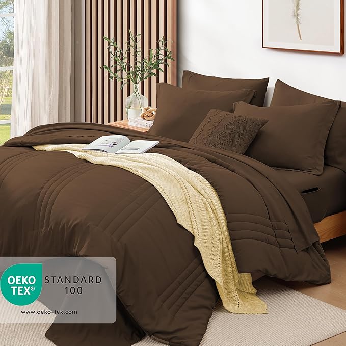 Monbix Full Comforter Set - 7 Pieces Chocolate Brown Bed in a Bag Full Size Bedding Sets with Comforters, All Seasons Comforter with Sheets, Pillowcases & Shams