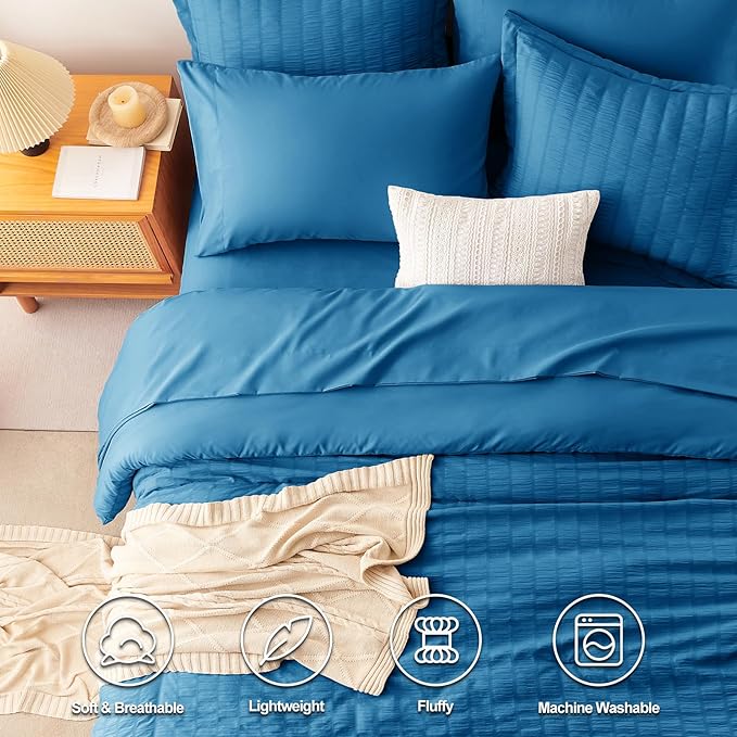 CozyLux King Seersucker Comforter Set with Teal Bed in a Bag 7-Piece All Season Bedding Set with Comforter, Pillow Sham, Flat Sheet, Fitted Sheet, Pillowcase