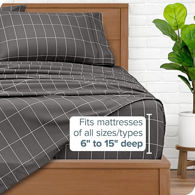 Bare Home King Sheet Set - Luxury 1800 Ultra-Soft Microfiber Double Brushed - Deep Pockets - Easy Fit - 4 Piece Set - Bedding & Pillowcases (King, Grid - Grey/White)
