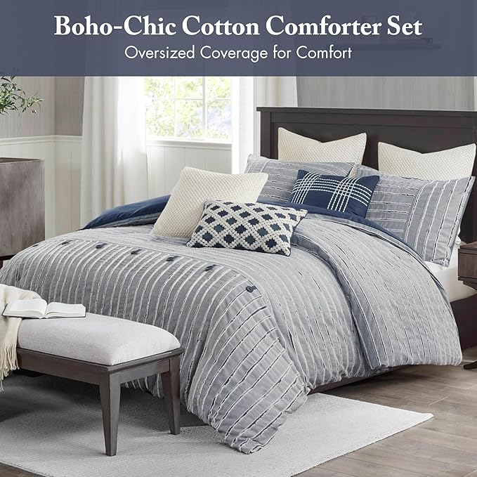 Madison Park Comforter Cotton Clipped Jacquard, Oversized Comforters King Size Bed, All Season Down Alternative Overfilled King Size Comforter, Essence, King/Cal King, Blue 9 Piece