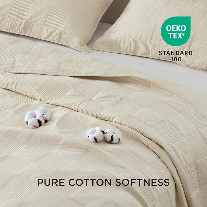 Bedsure 100% Cotton Quilt Set - Lightweight King Bedspread, Cozy Beige Bedding Coverlet 3-Piece with Pillow Shams in Checker Pattern for All Season, 106x96 inches, 100% Cotton Voile