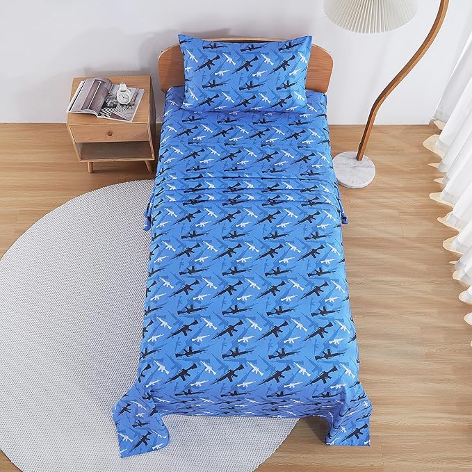 Kids Sheet Set Twin Size, Twin Sheet Set with Blue Camouflage Pattern，Breathable Silky Soft Microfiber Kids Fitted Sheet