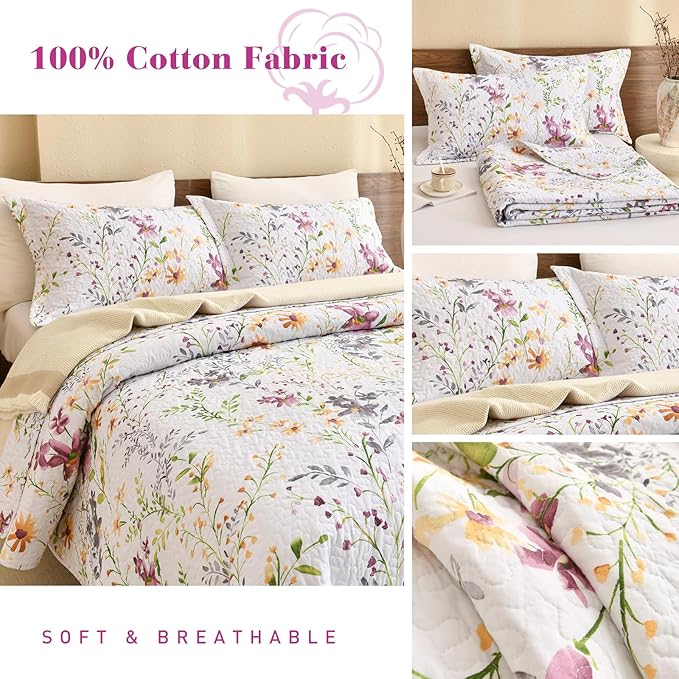 QSH 100% Cotton Quilt King Size Bedding Set (110"x98") 3Pcs Floral Quilt Set Yellow Wild Flower Botanical Printed Bedspread Coverlet King Soft Lightweight Bed Set with Pillowshams