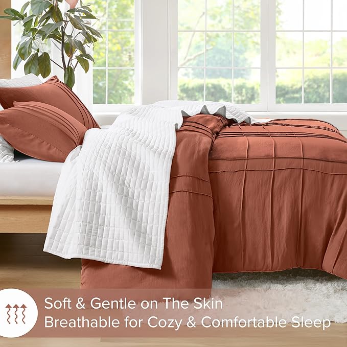 Comfort Spaces Clay Full Size Duvet Cover Set - 3-pc Pintuck Pleated Duvet Cover Full, All Season Lightweight, Extra Softness Pre-Washed Microfiber Bed Cover Shams, Full