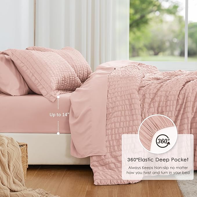 Love's cabin Seersucker Pink Full Comforter Set, 7-Piece All Season Lightweight Bed in a Bag Bedding Set with Comforter, Flat Sheet, Fitted Sheet, Pillowcases and Shams | Soft, Breathable, Lightweight