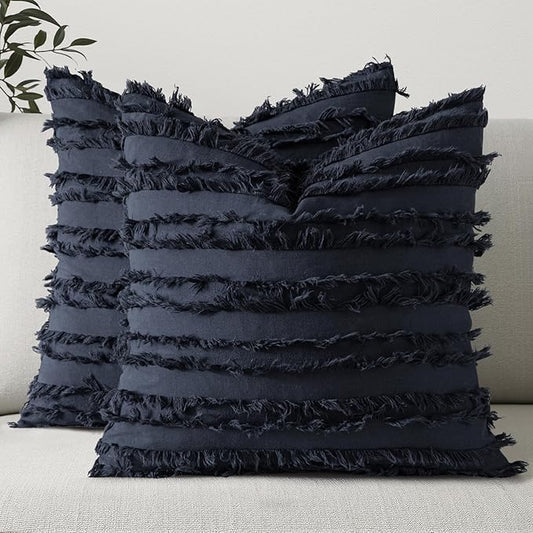 MIULEE Set of 2 Decorative Boho Throw Pillow Covers Linen Striped Jacquard Pattern Cushion Covers for Sofa Couch Living Room Bedroom 18x18 Inch Navy Blue