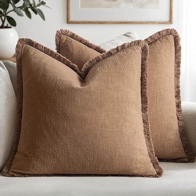 MIULEE Decorative Throw Pillow Covers Neutral Linen Fringe Throw Pillows Set of 2 Brown Boho Farmhouse Cushion Covers with Tassels for Couch Sofa Bed Living Room Spring Home Decor 16x16 Inch