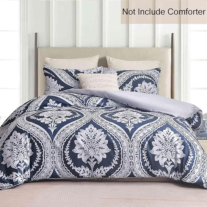 Nanko Boho Duvet Cover Set King Size, Navy Blue White Floral Damask Print Pattern, Soft Microfiber Reversible Comforter Bedding Cover Zip Ties - Vintage Bohemian Farmhouse for Women Men, 3 Pcs 104 x90