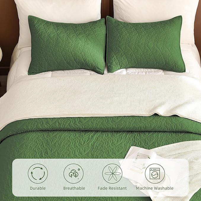 Lady Ann Olive Green Oversized King Bedspread 128x120, 3 Pcs Leaves Pattern Printed Oversized King Quilt Set for Extra Large Bed, Lightweight & Soft Farmhouse Bedspreads & Coverlets