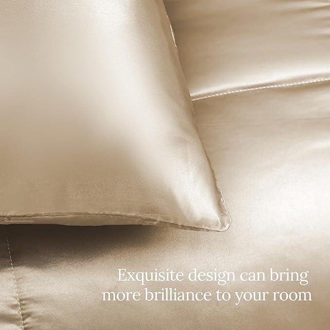 Whale Flotilla 3-Piece Reversible Silky Soft King Size Comforter Bedding Set, Luxurious Satin Comforters Oversized with 2 Satin Pillowcases, Lightweight Duvet for All Seasons, Champagne