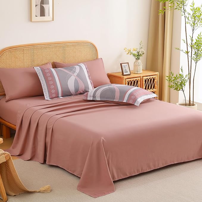 Anibedding Pink Comforter Set Queen Size, 8 Pieces Striped Bed in a Bag Patchwork Bedding Sets, Soft Microfiber Boho Bedding Set for All Season(90"×90")