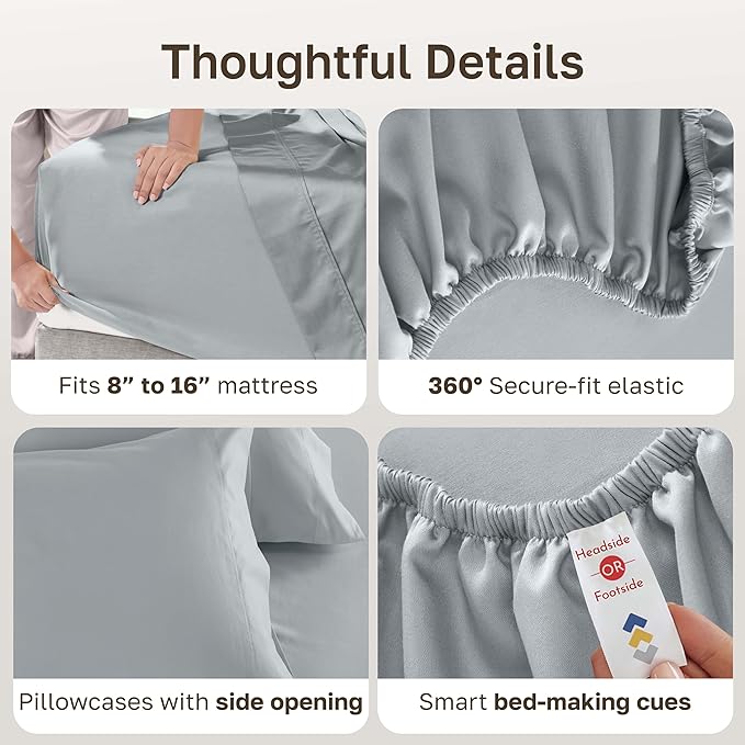 California Design Den Deep Pocket King Sheets Set - Luxury 600 Thread Count 100% Cotton Sateen, King Size Sheet Set with All Around Elastic for a Snug Fit, Hotel Quality Bedding - Light Grey