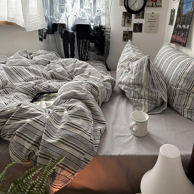 mixinni Vintage Gray & White Striped Duvet Cover Set - 3 Piece 100% Washed Cotton King Size Bedding | Minimalist Gender-Neutral Design | Ultra-Soft Breathable, with Zipper Closure & Corner Ties