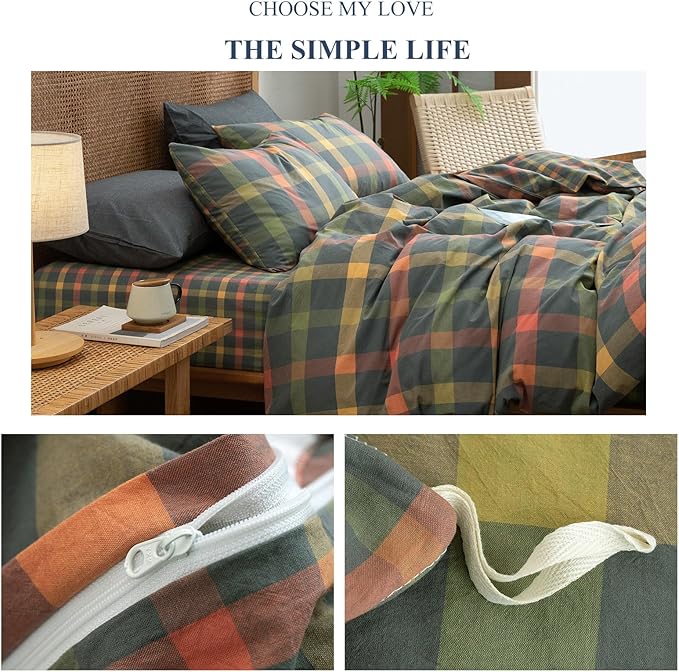 VM VOUGEMARKET Twin XL Plaid Duvet Cover Set Orange Grey Green Gingham Bedding Set Soft Washed Cotton Reversible Modern Cozy Duvet Cover with 2 Pillowcases for Teen Boys- 68x90 Inch