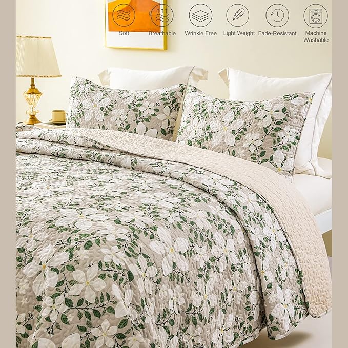 Whale Flotilla Reversible Printed Quilt King Size, Extra Soft Boho Floral Leaf Bedspreads for Bed Lightweight King Quilt Bedding Set Coverlets with 2 Pillow Shams for All Seasons, White Bone