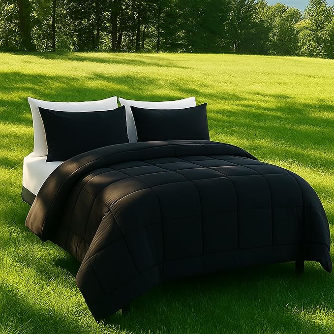 DOWNCOOL Twin Comforter Set -All Season Bedding Comforters Sets with 1 Pillow Case -2 Pieces Bed Set Down Alternative Comforter Set -Black Twin Bedding Sets(64"x88")