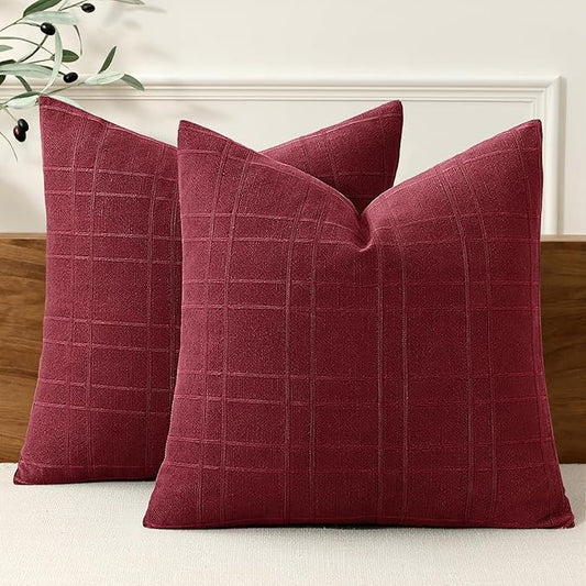 MIULEE Decorative Linen Check Euro Shams Throw Pillow Covers Neutral Farmhouse Vintage Pillow Covers 24x24 Set of 2 Boho Modern Home Decor for Sofa Couch Bedroom Cushion Burgundy
