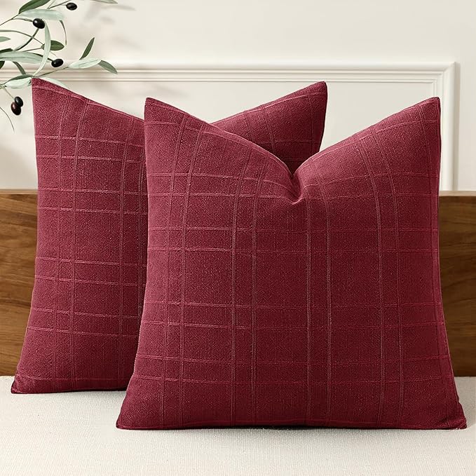 MIULEE Decorative Linen Check Throw Pillow Covers Neutral Farmhouse Vintage Pillow Covers 20x20 Set of 2 Boho Modern Home Decor for Sofa Couch Bedroom Cushion Burgundy